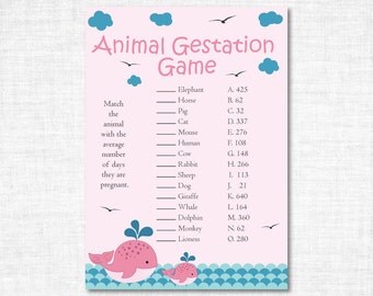 Animal Gestation Game, Whale Baby Shower Games, Animal Pregnancy Game Printable, Girl Baby Shower Games, Animal Pregnancy Game, Pink Whale