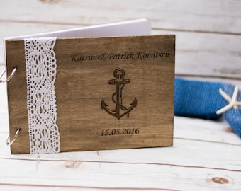 Beach Wedding Guest Book Anchor Starfish Rustic Guestbook Pen Personalized Nautical Wooden Guest Book