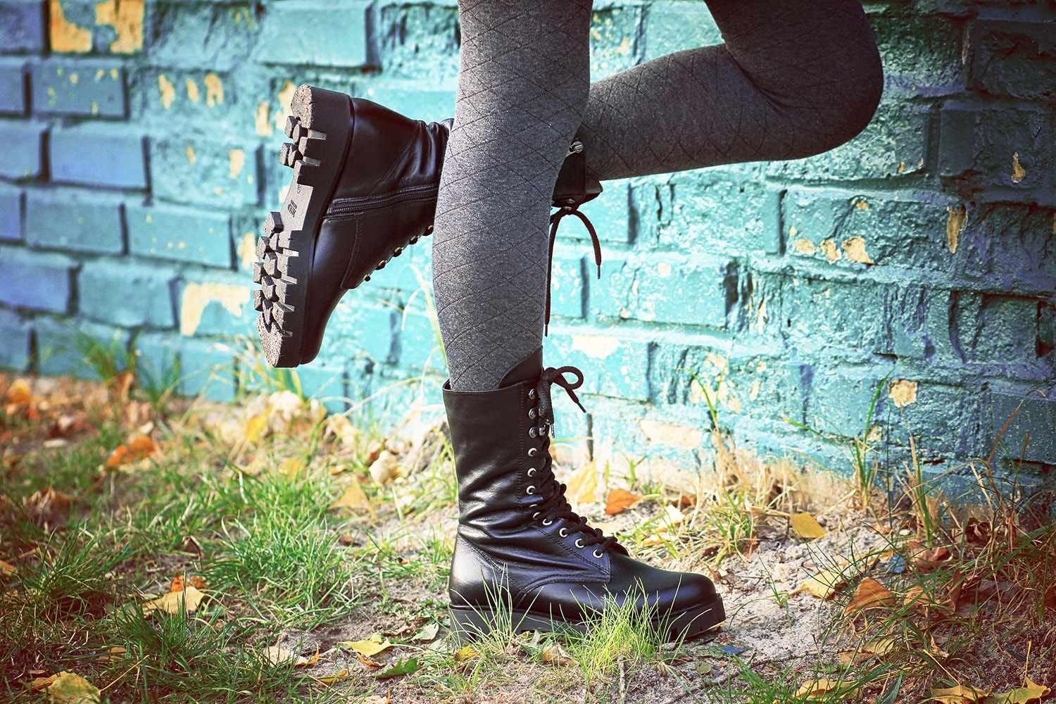 Black Combat Boots Women Leather Spring Boots Fur Rocker shoes