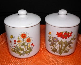 Floral Stoneware Jars, 70s Lidded Stoneware Jars, Small Floral Stoneware Canisters