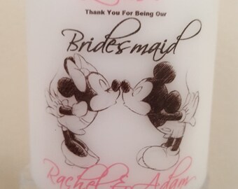 Personalised Disney bridesmaid or Maid of Honour thank you gift candle favour wedding cinderella Minnie mickey