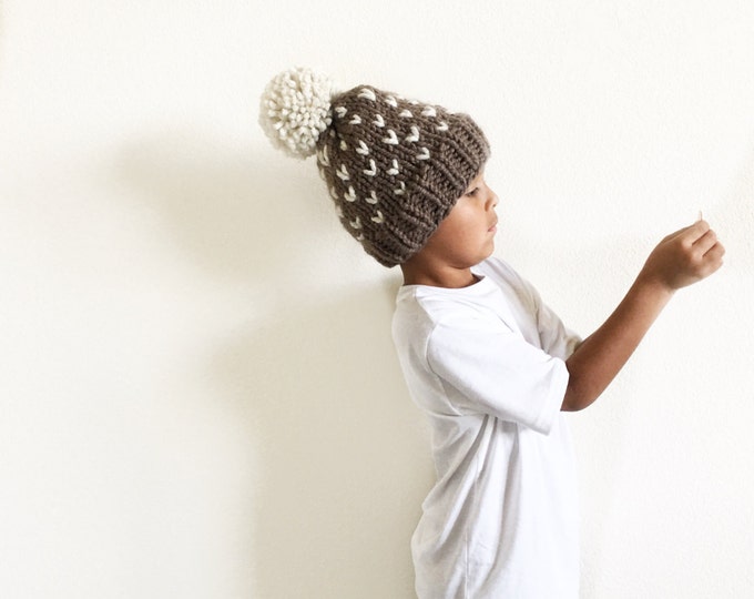 Knit Slouchy Newborn-toddler-kids Baby Beanie Hat With Large Pom Pom//THE TUMBLEWEED//Fisherman and Taupe