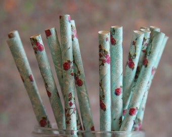Fuchsia and Teal Printed Straws/Teal Floral Straws/Floral Rose Themed Paper Straws/Pink Floral Straws/Party Straws