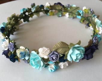 Flower crown, blue rose crown, flower headband, Coachella headpiece, Boho wedding hairpiece