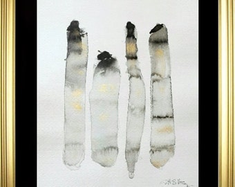 Black and Golden columns. Abstract painting on paper. Moderna.minimalista