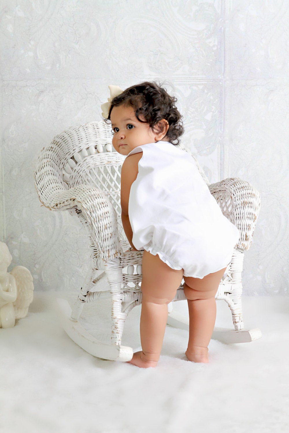 Girls White Linen Bubble Romper Monogrammed White Romper