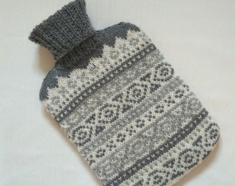 Handmade Knitted Hot Water Bottle Cover. Fair Isle in Charcoal, Grey and Cream.