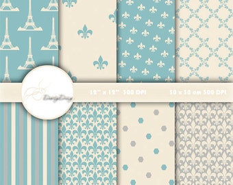 SALE Blue DAMASK digital paper: PARIS digital paper pack with soft vintage blue and cream damask backgrounds and classical patterns 380