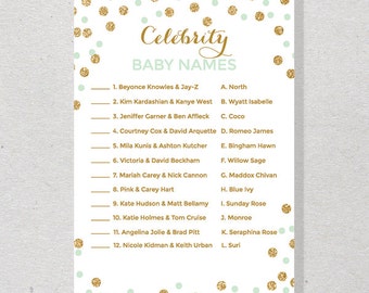 Celebrity Baby Name Game, DIY Printable Baby Shower Game, Mint and Gold Confetti Printable - SKUHDB02