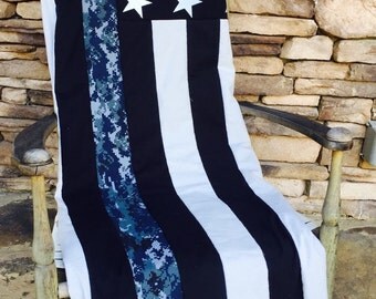 US Navy Quilt - Thin Nwu Line American Flag Quilt -Bootcamp Graduation Gift - US Navy - Deployment Gift- Navy Wife - Navy Retirement Gift