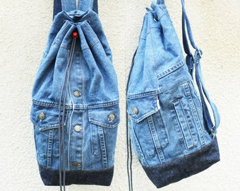 denim backpack repurposed jean jacket big bucket drawstring