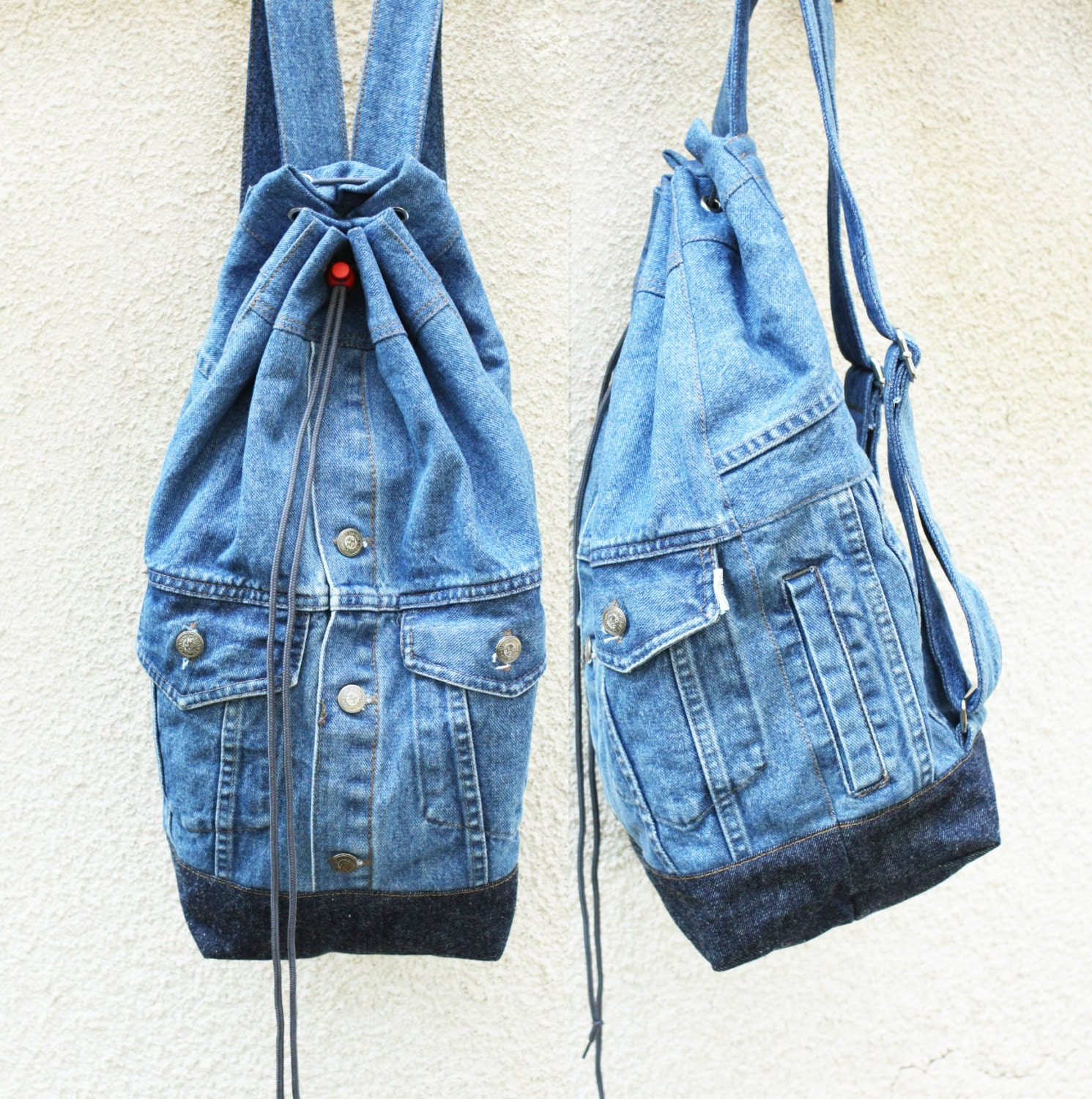 denim backpack upcycled denim jacket jeans bag drawstring