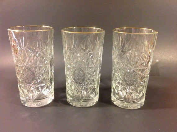 Libbey Hobstar Glasses Gold Rimmed Trimmed Signd Tumblers