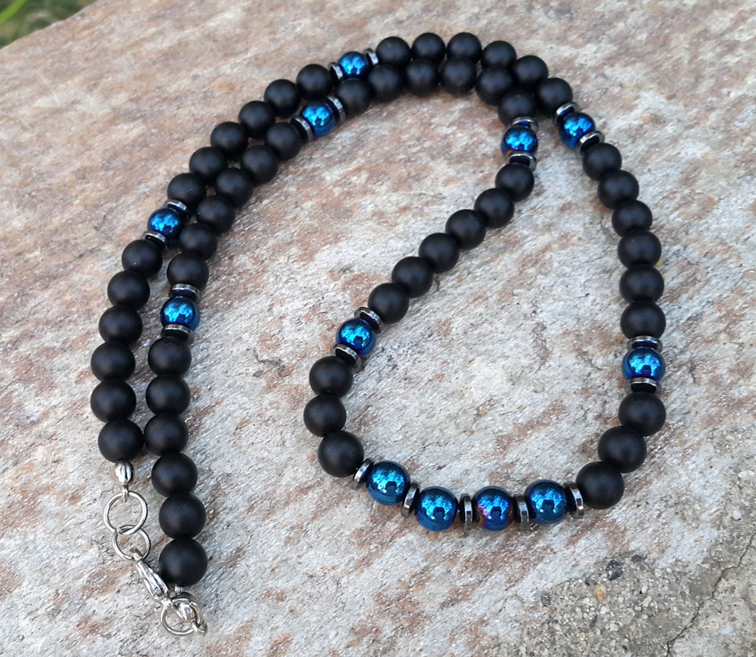 Mens Beaded Necklace Mens Black Onyx Blue Hematite Necklace 7285