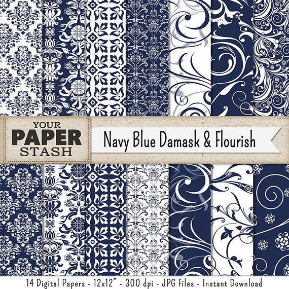 Navy Blue Digital Scrapbook Paper Blue Flourish & Filigree