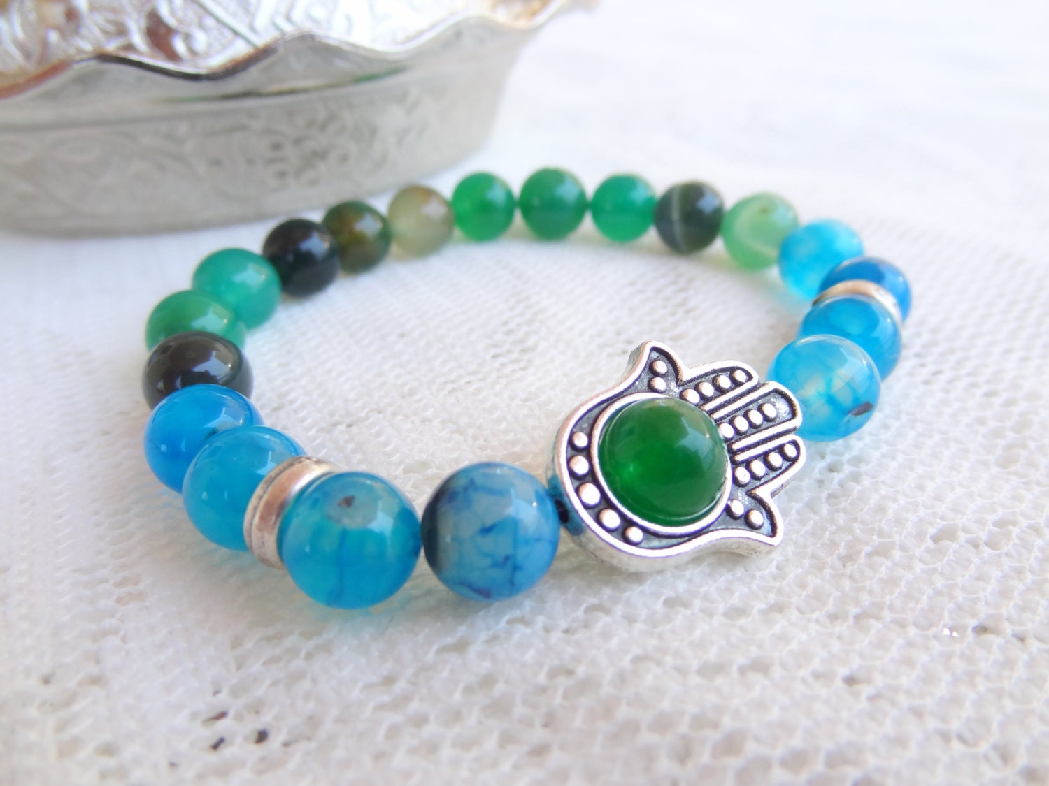 BlueGreen Agate Bracelet Men's Hamsa Hand Protection