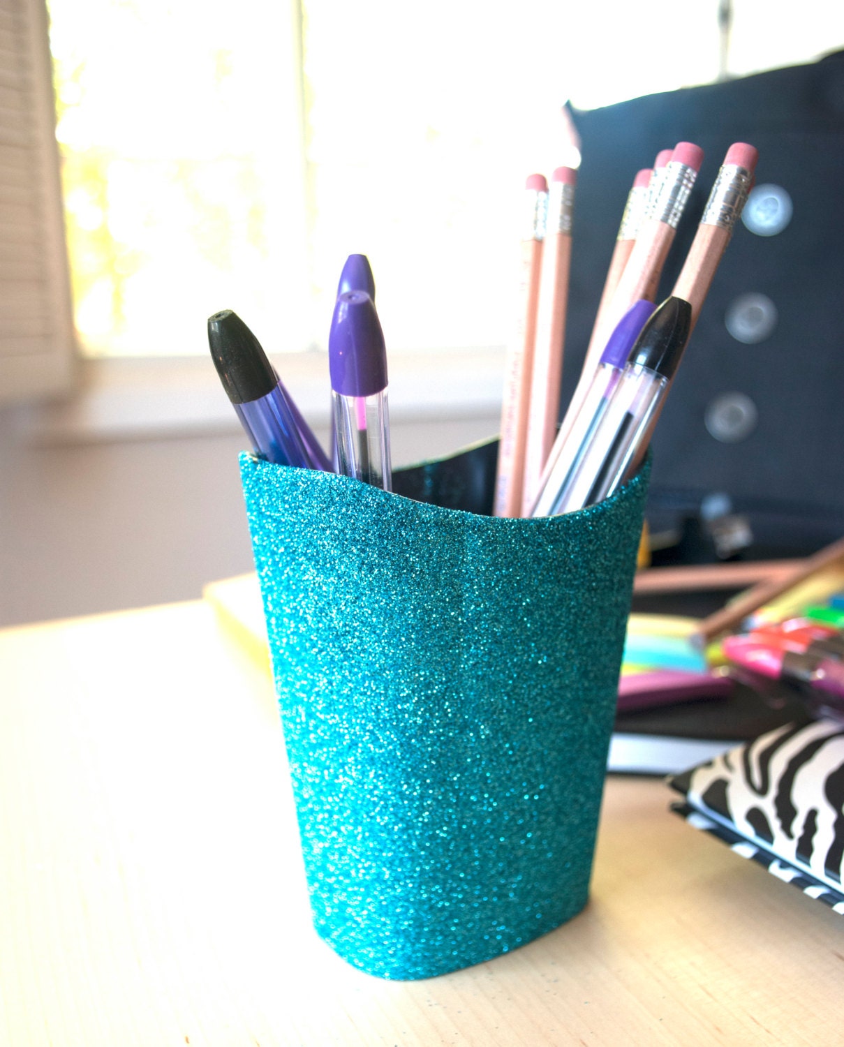 Turquoise Glitter Pencil Cup Office Supplies Glitter Office