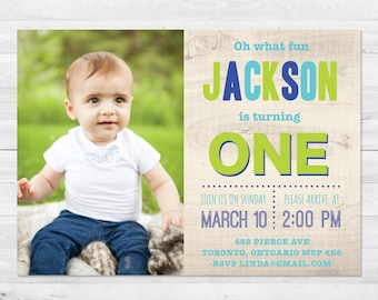 First Birthday Invitation Boy, Blue And Green Birthday Invitation, Photo Birthday Invitation, First Birthday, Printed, Printable