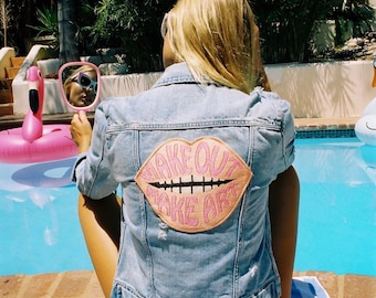Make Out Make Art Patch Denim Jacket- new- vintage inspired- patch- denim- 1970s- make out- make art- light wash denim- lips patch