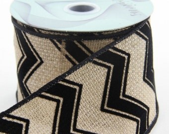 Wired Burlap and Black Chevron Ribbon ~ 2.5 inchChevron Ribbon ~ Wired Jute Chevron Ribbon ~ 3 Yards