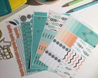 Boho happy planner weekly kit, teal feathers happy planner weekly kit, happy planner sticker kit, happy planner stickers, planner stickers