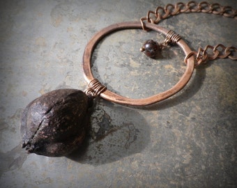 Copper necklace, real natural copper plated yucca seed pod pendant with copper ring/ agate bead, nature inspired rustic bohemian jewelry