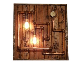 Steampunk Pipe Lamp on Reclaimed Burned Wood Mount, Electrified Fractal Design