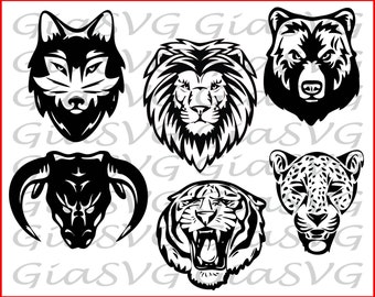 6 Animal Heads SVG, lion, tiger, jaguar, bear, wolf & bull head svg, ready to cut for Cricut - Silhouette etc, also in png, eps, dxf format