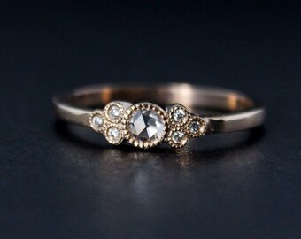 Rose Cut Diamond Engagement Ring - Hand Milgrain - Vintage Inspired - 14kt Rose Gold