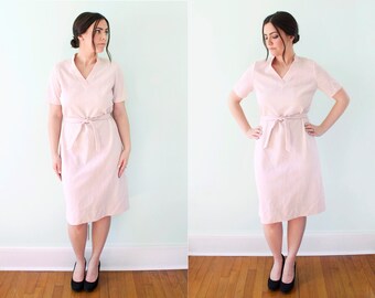 60s Pale Pink Textured Shift Dress with Belt Retro