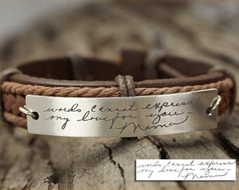 Memorial Signature Bracelet, Actual Handwriting Bracelet, Personalized Engraved Bracelet-Genuine Leather Keepsake Bracelet, Mothers Day Gift