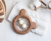 Organic Wooden Teether. Organic Wooden Rattle Toy. Beech teething Toy. Natural Wooden Toy. Teddy Bear rattle.  Eco Friendly.