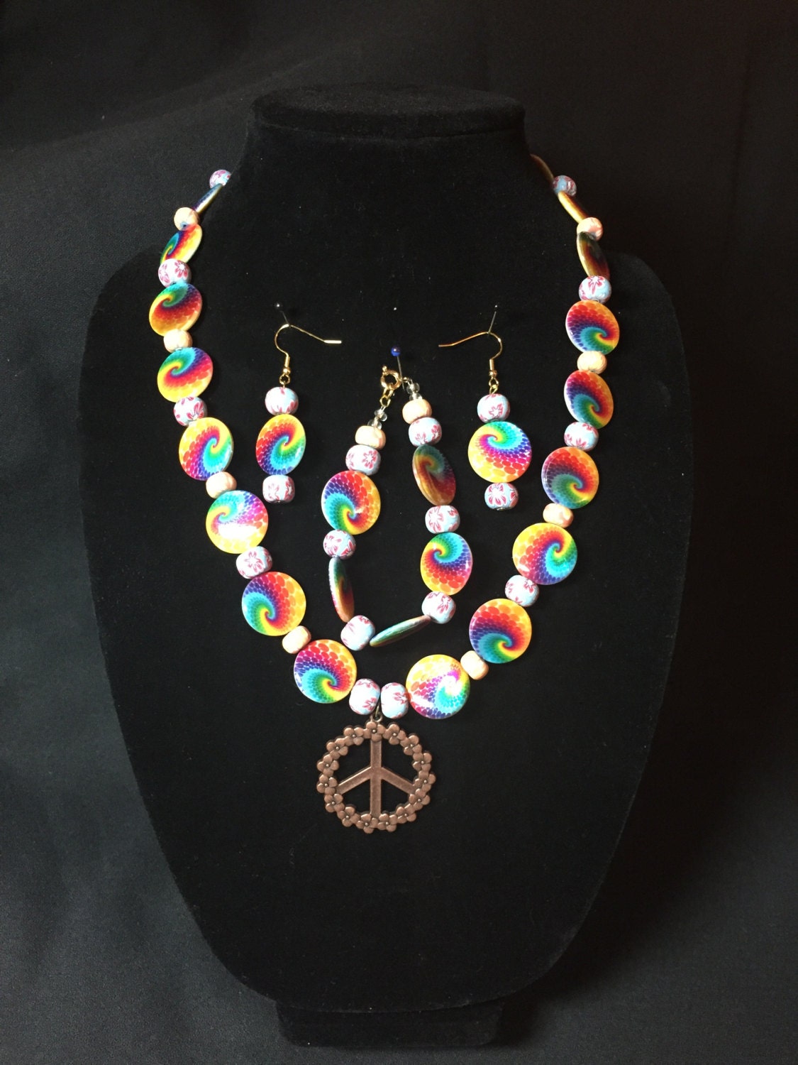 Hippy Psychedelic Handmade Necklace and Earrings Set Hippie