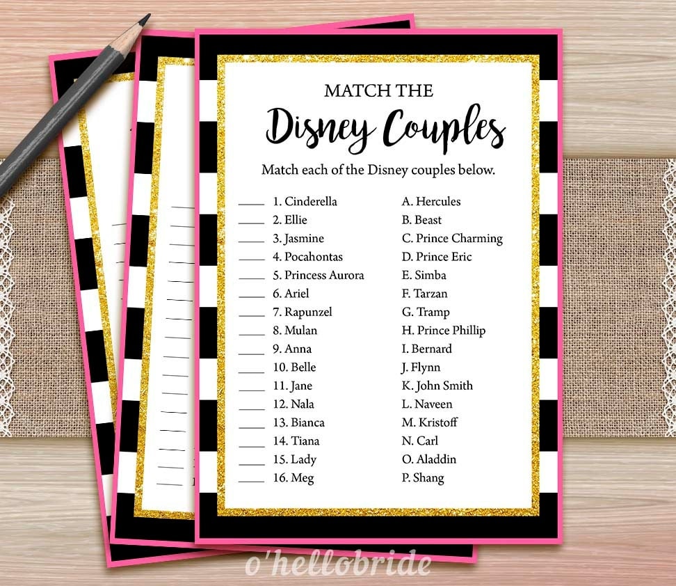 Disney Couples Match Game Printable Black and White Pink