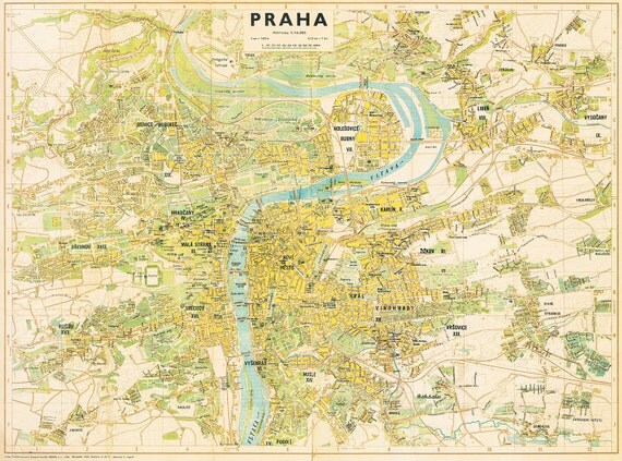 Prague Old City Map from 1930. Vintage Poster Print