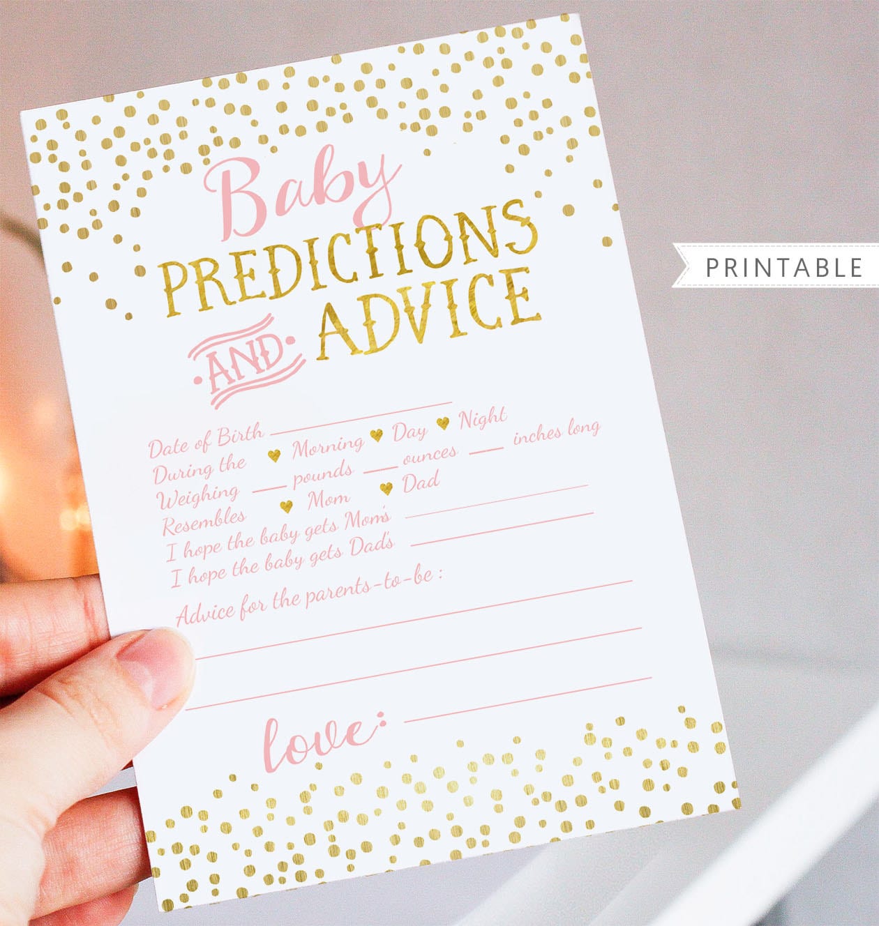 Baby Predictions and Advice Card Printable Blush Pink and