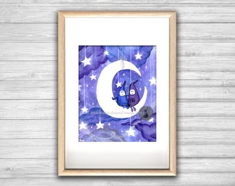 Affiche HONEY MOON - Poster Lutin Enfant Lune Etoile Aquarelle Amour - deco, impression art, Illustration, Art mural, illustration tendance