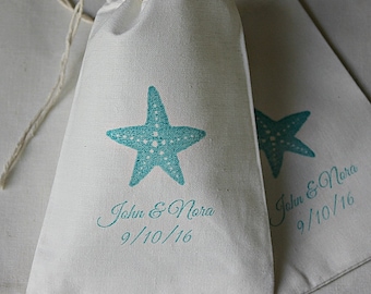 20 Wedding favors - Personalized starfish muslin cotton party favor bags 4x6 inch you choose ink color - Great for weddings, bridal showers
