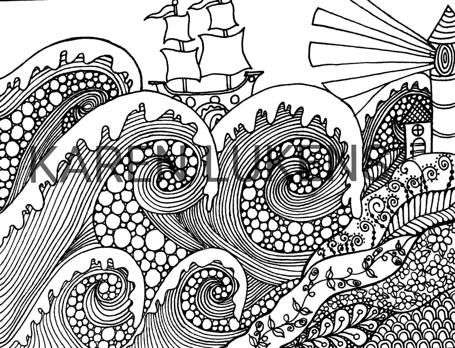 Ship and Sea 1 Adult Coloring Book Page Printable Instant