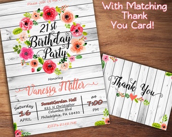 Rustic Birthday Invitation, 1st, 16th, 21st, 30th Birthday Invitation, Girl Birthday Invitation, Floral Birthday Invitation, Birthday Party