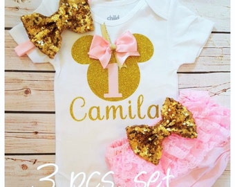 Minnie Mouse pink and gold outfit,Diaper cover birthday outfit,Minnie Mouse birthday outfit,pink birthday set,girl birthday outfit