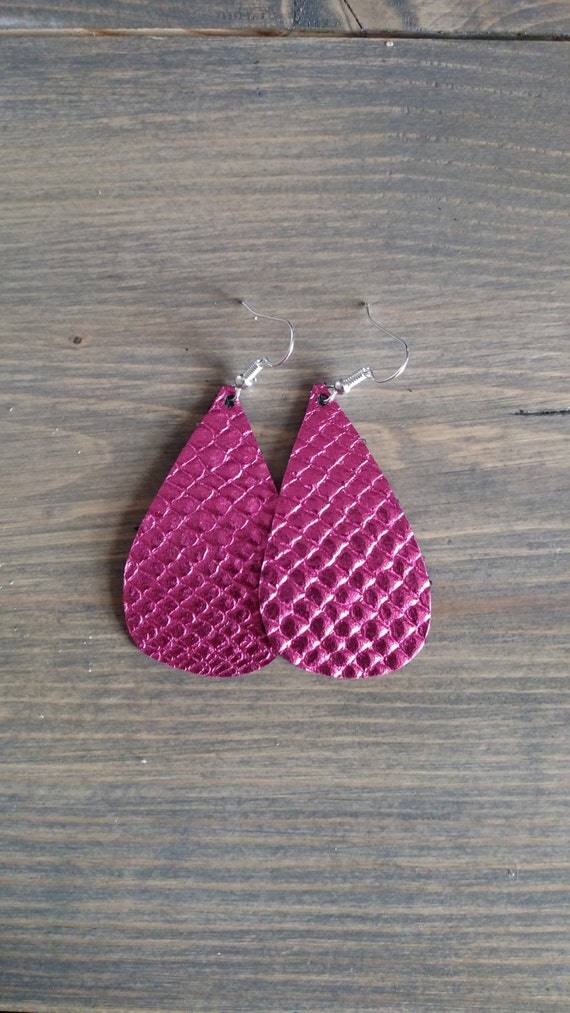 Pink Teardrop Earrings - Teardrop Leather Drop Earrings - Leather Jewelry - Pink Metallic Leather Dangle Earring