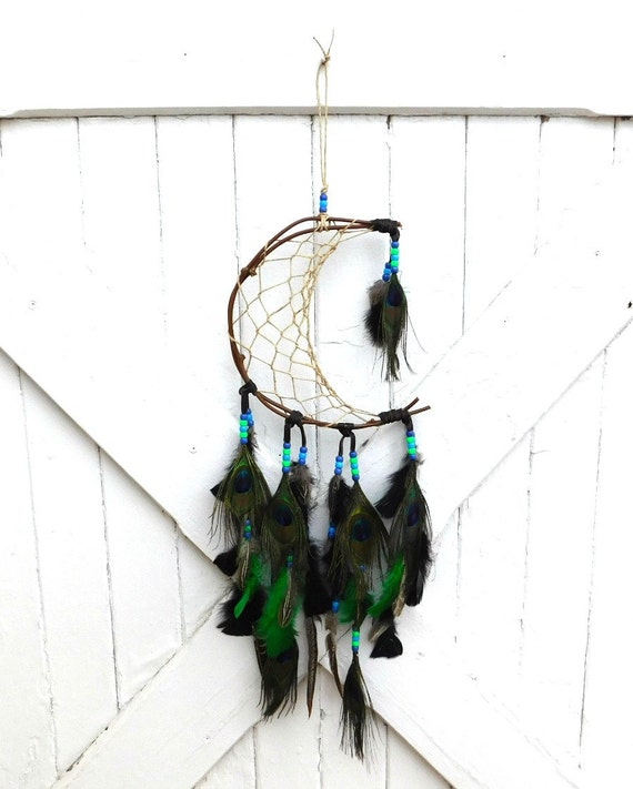 Large Half Moon Dream Catcher Peacock Feathers by DreamCatcherDen