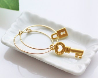 gold hoop earrings, lock earrings, key earrings, charm earrings, lock and key, lock and key earrings
