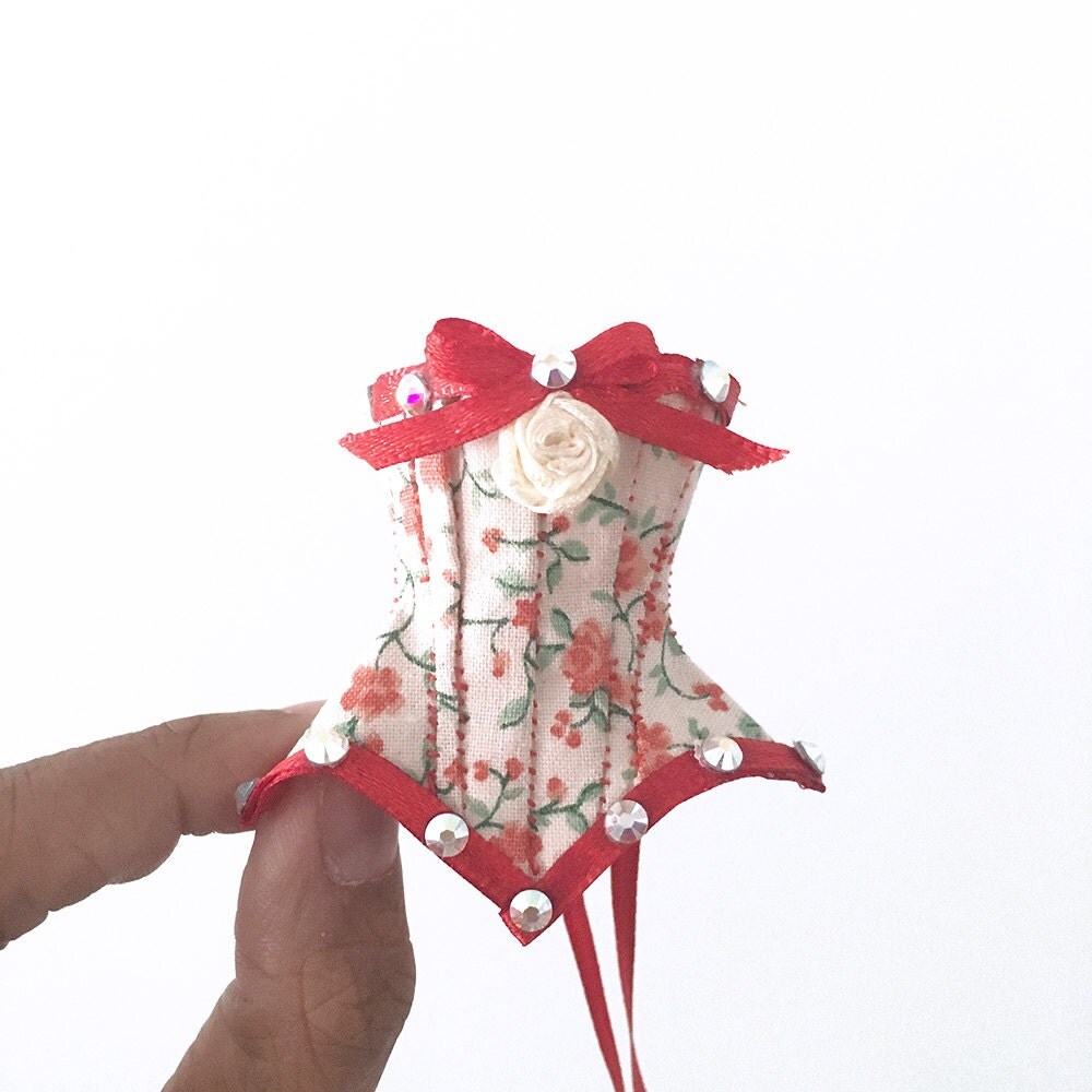 Miniature corset pink floral vintage fabric lace up back