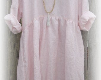 Pale Pink Linen Dress, one size fits most, natural fabric, long sleeves