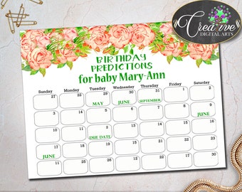 Rose Baby Shower Shower Watercolor Birth Calendar Prediction Card BIRTHDAY PREDICTIONS, Printable Files, Party Décor - flp02