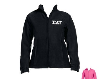 Sigma Delta Tau Fleece Jacket . White Greek Stitched Letters