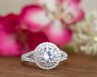 Round Double Halo Ring, Wedding Ring, Engagement Ring, Bridal Ring, Split Shank, Diamond Simulants, Sterling Silver