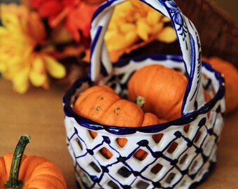 Blue and White Ceramic Basket Made In Portugal